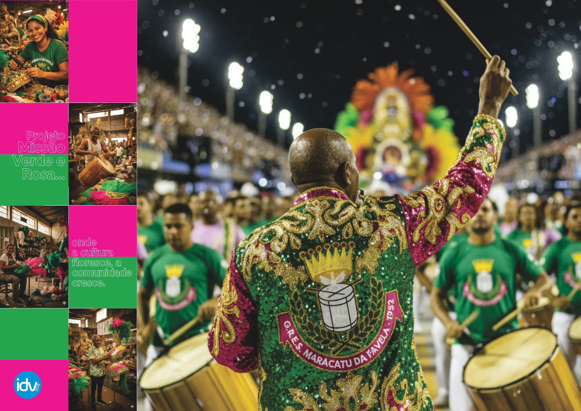 Fotografia colorida de uma fantasia de carnaval com plumas grandes nas cores verde e rosa, com detalhes em folhagens e sementes amazônicas, usada pelo casal de mestre-sala e porta-bandeira.